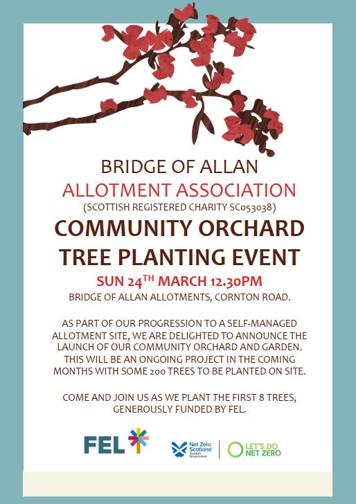 Community orchard tree planting event poster showing volunteers and Scouts planting heritage fruit trees
